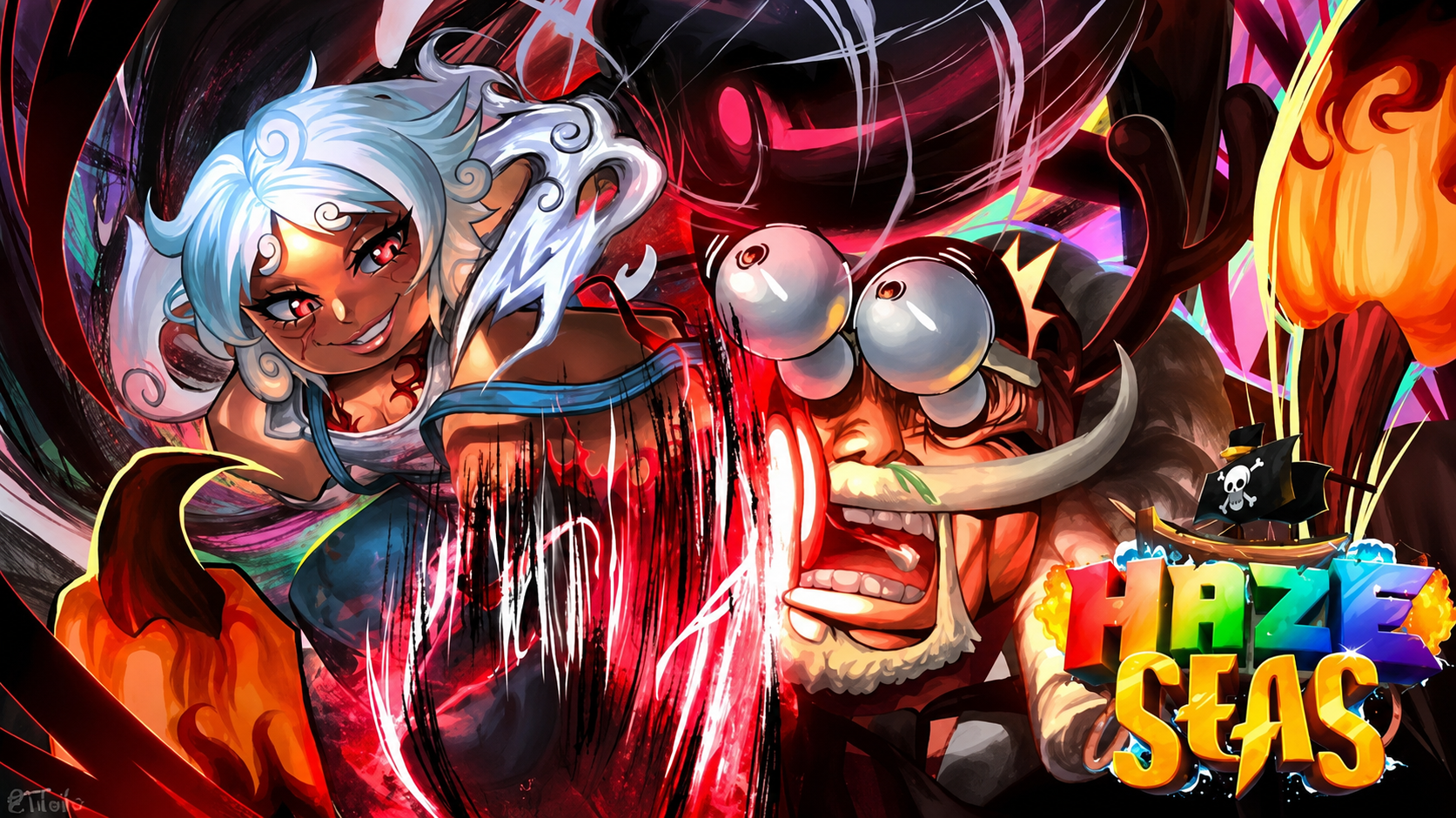Haze Seas Roblox pirate RPG hero art with devil fruit characters, anime pirates, and the Haze Seas logo